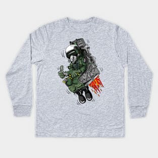 Military Fighter Jet Pilot Ejection Seat Cartoon Illustration Kids Long Sleeve T-Shirt